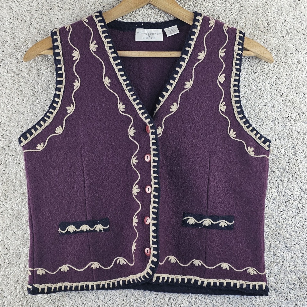 Vintage Christopher & Banks Wool Vest Womens Small Floral Scrolling Thick Stitch
